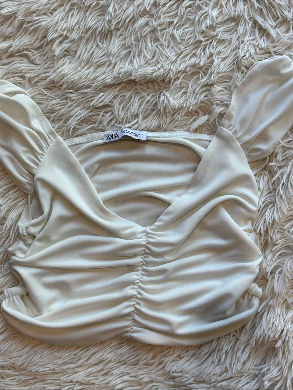 ZARA White Ruched V-Neck Camisole with Puff Straps